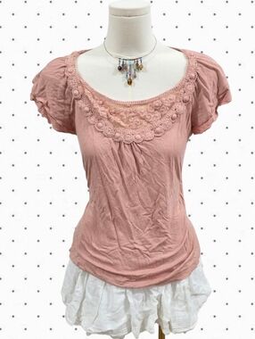 Candies vintage crochet mesh detail short sleeve flowy top